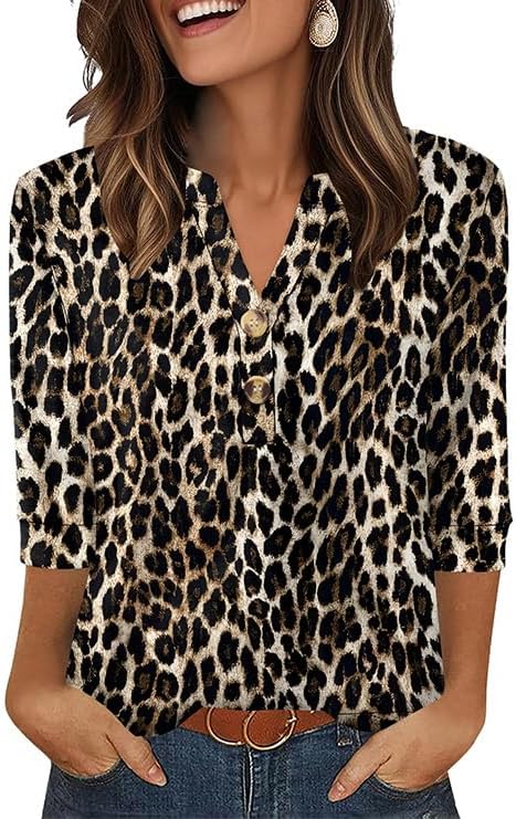 OFEEFAN Womens Tops 3/4 Sleeve Henley Shirts for Women Summer Outfits Fashion Clothing