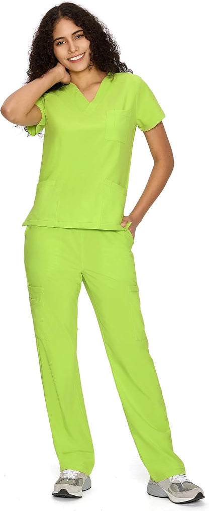 COZYFIT Scrubs for Women Set - V-Neck & Straight Leg Pants with 9 Pockets