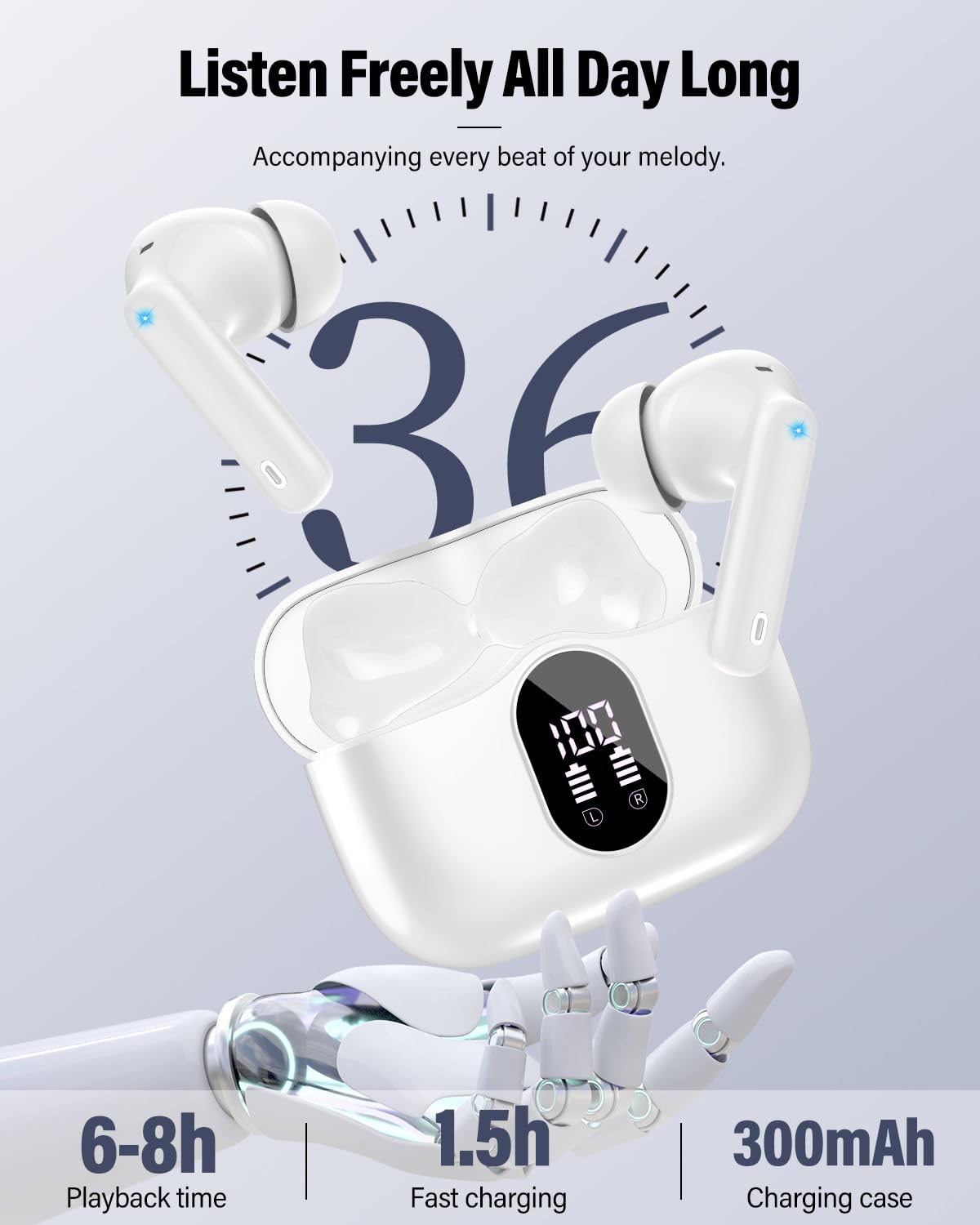 Wireless Earbuds, Bluetooth 5.4 Headphones Bass Stereo/Clear Calls, Black