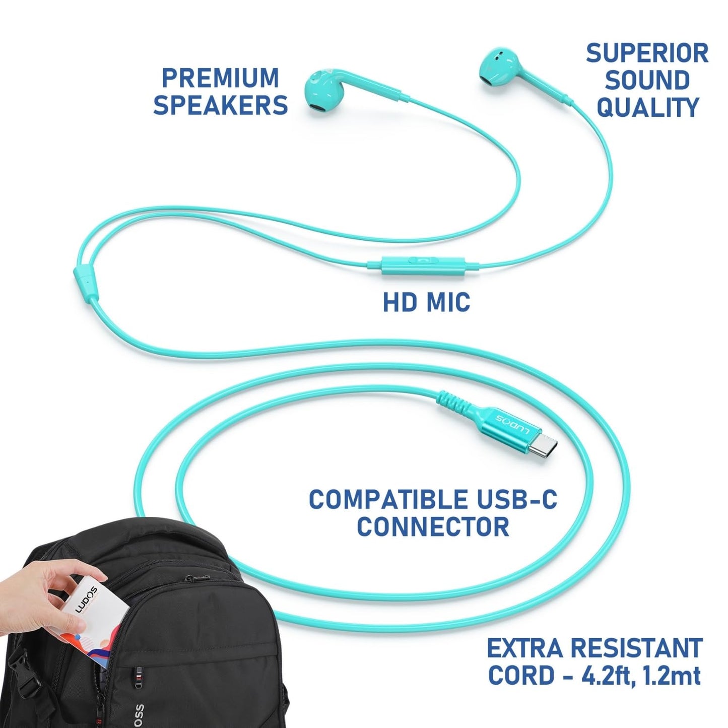 LUDOS Zenith USB C Headphones for iPhone 17 16 15 Pro Max Plus Air iPad Pro Air, 5 Years Warranty, USB-C Earbuds for Samsung Galaxy S24 S23 Ultra S22 S21 S20 A55 A54 A53, USB Type C Earphones - White