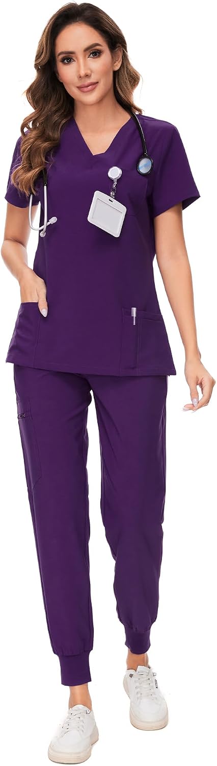 COZYFIT Scrubs for Women Set - Stretch V-Neck & Jogger Pant with 9 Pockets