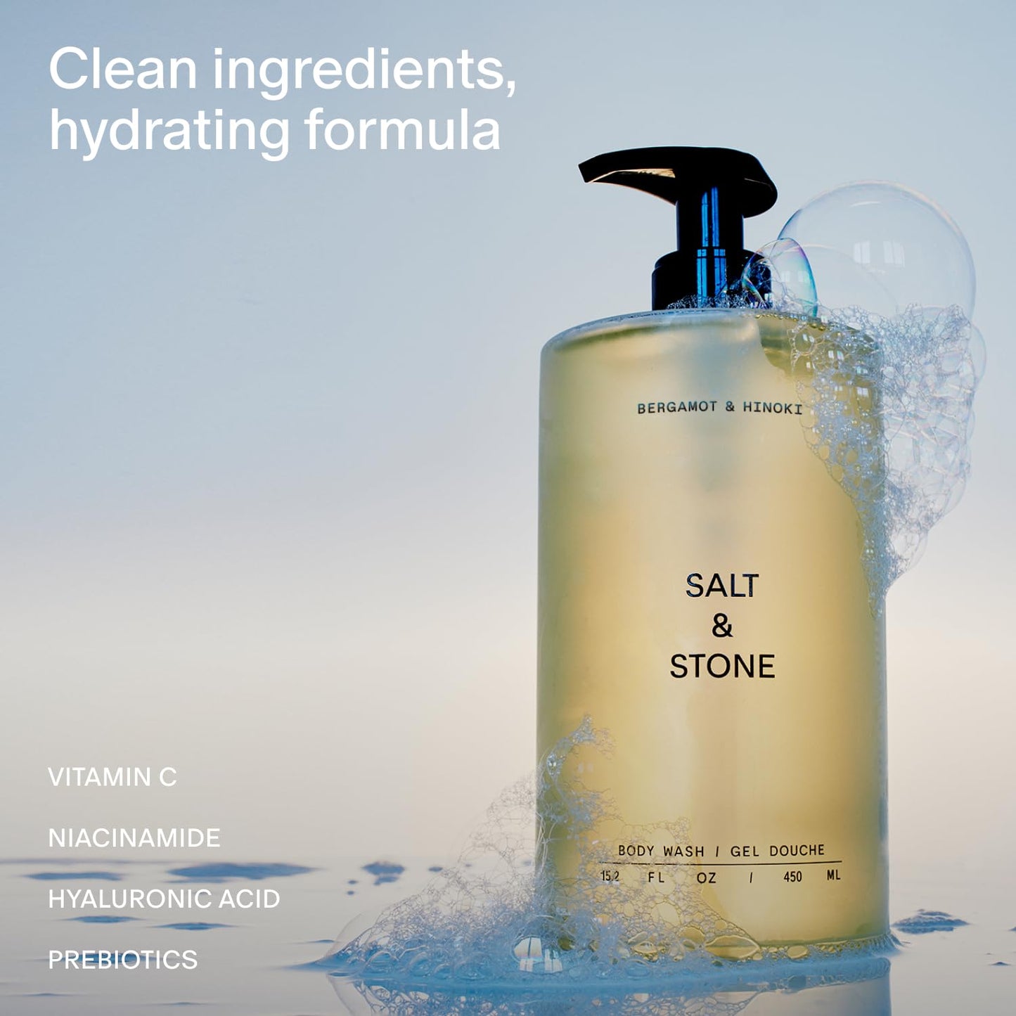 Salt & Stone Body Wash for Women & Men, Bergamot & Hinoki 15.2 fl oz