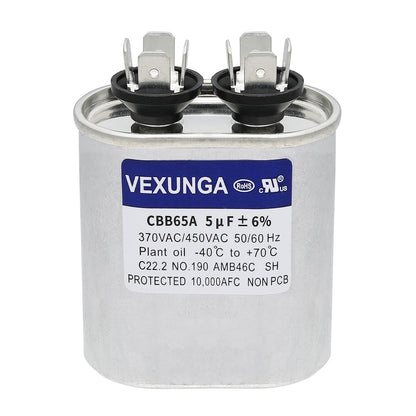 VEXUNGA 5uF 370/440VAC 50/60Hz CBB65 CBB65A Oval Run Start Capacitor 5 MFD 370V/440V Air Conditioner Capacitors for AC Unit Fan Motor Start or Pool Pump or Air Condenser Straight Cool