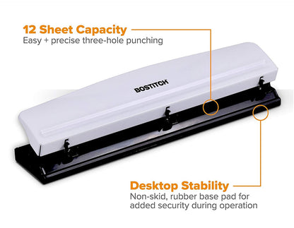 Bostitch Office Premium 3 Hole Punch, 12 Sheet Capacity, Metal, Rubber Base, Easy-Clean Tray, Silver