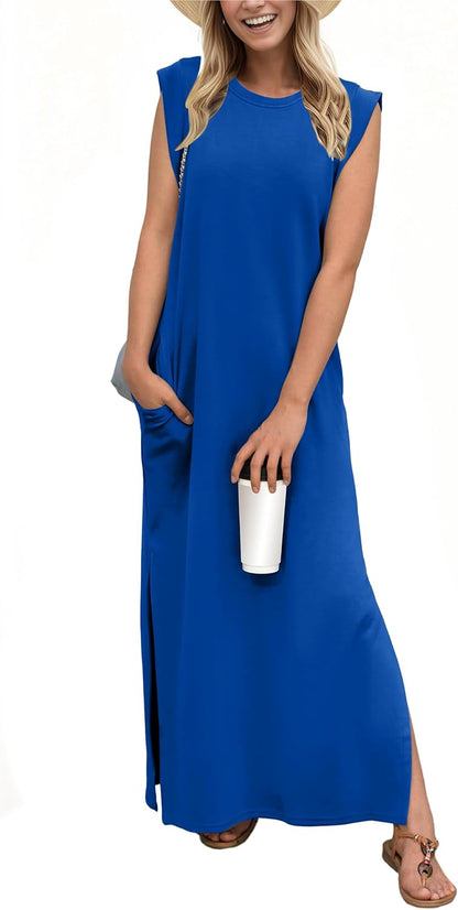 GRECERELLE 2026 Women Year-Round Casual Round Neck Loose Split Wrinkle-Free Long Maxi Vacation Dress with Pockets (XXS-4XL)