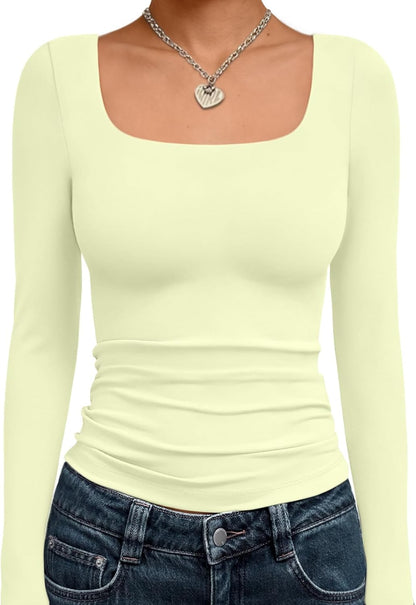 Trendy Queen Womens Square Neck Long Sleeve Shirts Double Lined Fall Tops