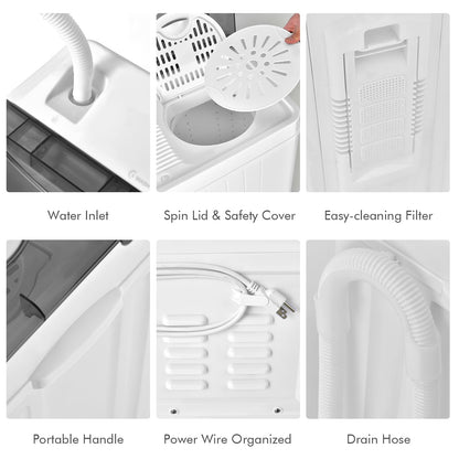 COSTWAY Portable Washing Machine, Twin Tub 26lbs Capacity Laundry Washer, 18lbs Washer and 8lbs Spinner Combo with Timer Knobs, Built-in Drain Pump, Compact Washer for Home Dorm Apartment, Blue+White