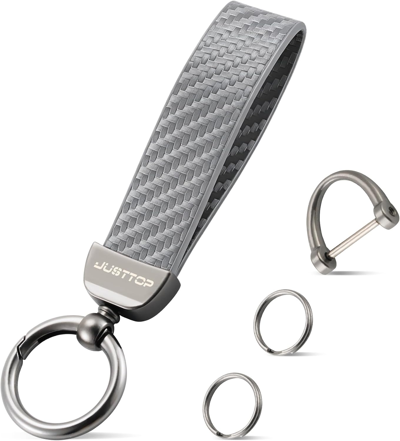 JUSTTOP Leather Keychain, Carbon Fiber Car Key Chain with Anti-Lost D-Ring and 2 Key Ring, Keychain Wristlet, Car Accessories, Universal Keychain for Men and Women (Black)