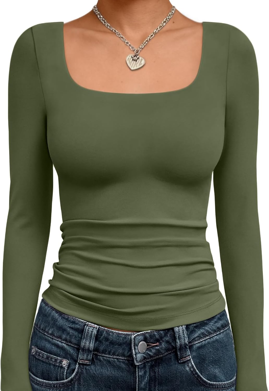 Trendy Queen Womens Square Neck Long Sleeve Shirts Double Lined Fall Tops