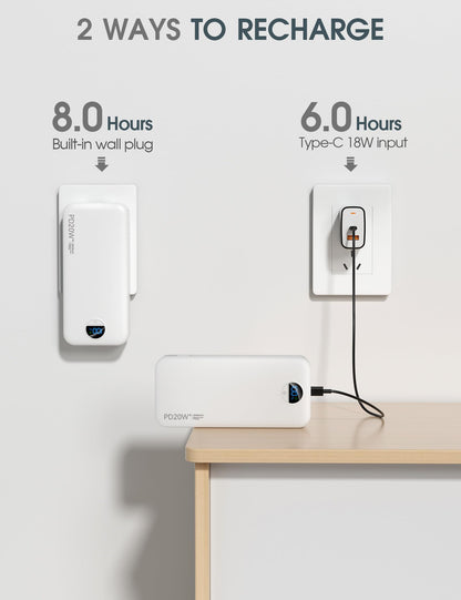 citicr Portable Charger 10000mAh PD20W w/Built-in Cables & Wall Plug White