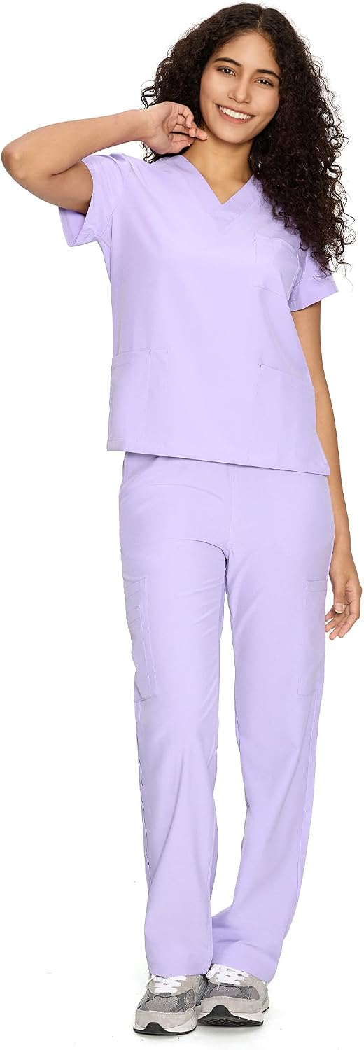 COZYFIT Scrubs for Women Set - V-Neck & Straight Leg Pants with 9 Pockets