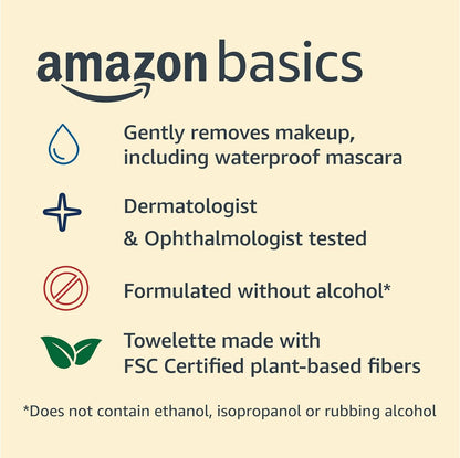 Amazon Basics Makeup Remover Wipes, Fragrance-Free, Alcohol-Free, Gentle Cleansing, Plant-Based, Dermatologist Tested, Removes Waterproof Mascara, Resealable, 25 Count, 1-Pack