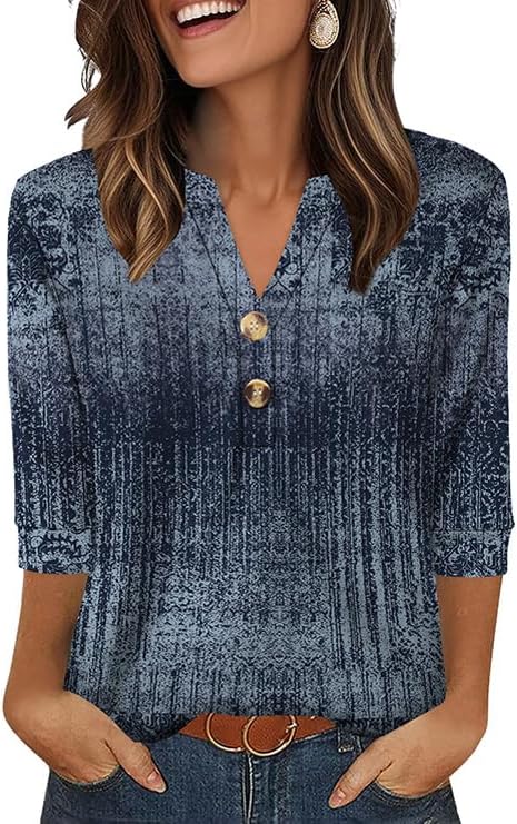 OFEEFAN Womens Tops 3/4 Sleeve Henley Shirts for Women Summer Outfits Fashion Clothing