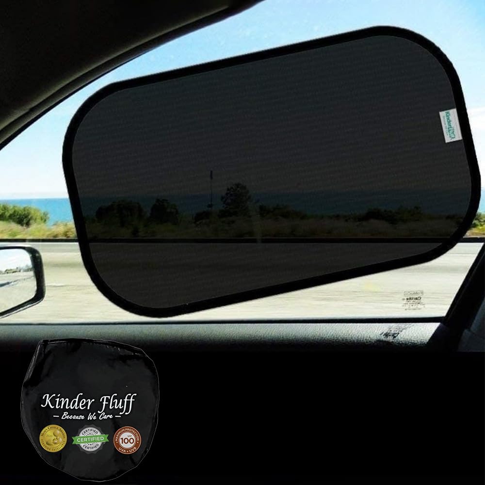Car Window Shades - Certified 99.79% UVA & 99.95% UVB sun protection. Award winning car sun shade for side windows. 4 Pack (2 Transparency options) 20" x 12" -window shade for car baby by Kinder Fluff