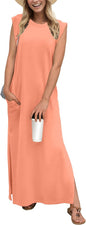 GRECERELLE 2026 Women Year-Round Casual Round Neck Loose Split Wrinkle-Free Long Maxi Vacation Dress with Pockets (XXS-4XL)