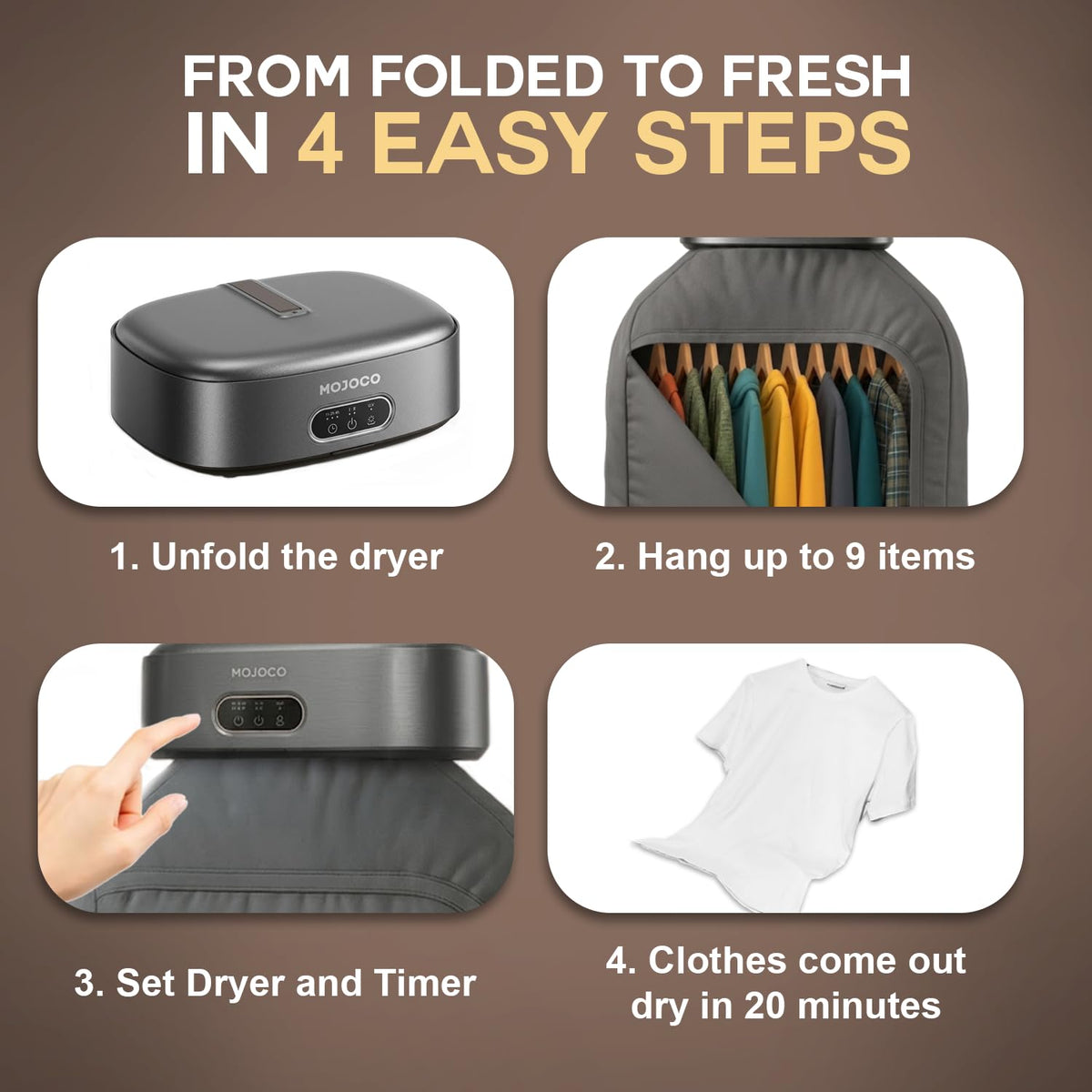 MOJOCO Portable Clothes Dryer - 600w Compact Dryer for Apartment, Travel