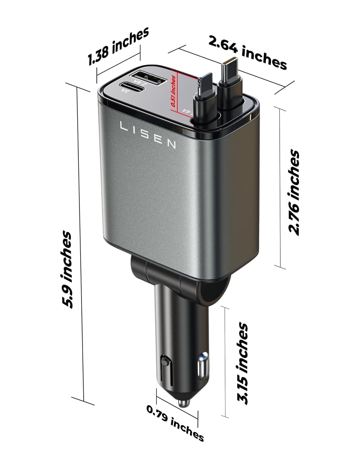 LISEN Retractable Car Charger, 84W Car Charger USB C Fast Charge, 4 in 1