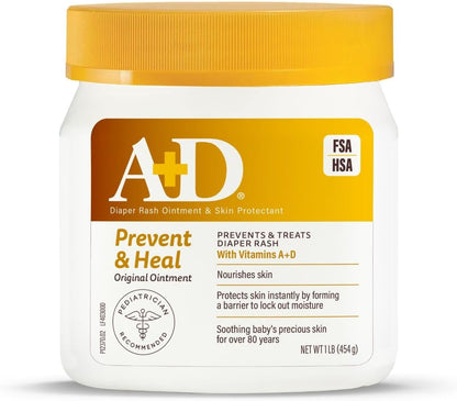 A+D Original Diaper Rash Ointment Prevents & Treats Diaper Rash, Moisturizing Skin Protectant with Vitamins A & D, Healing Skin Ointment for Dry and Cracked Skin 4oz
