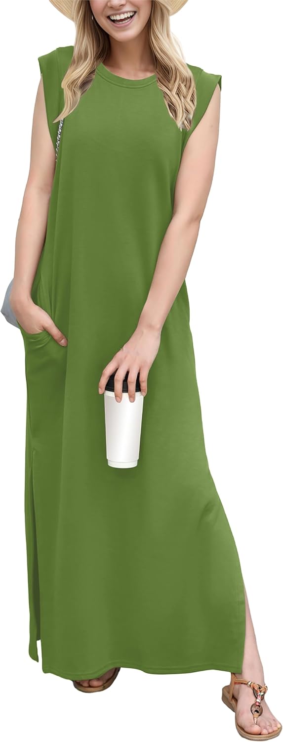 GRECERELLE 2026 Women Year-Round Casual Round Neck Loose Split Wrinkle-Free Long Maxi Vacation Dress with Pockets (XXS-4XL)