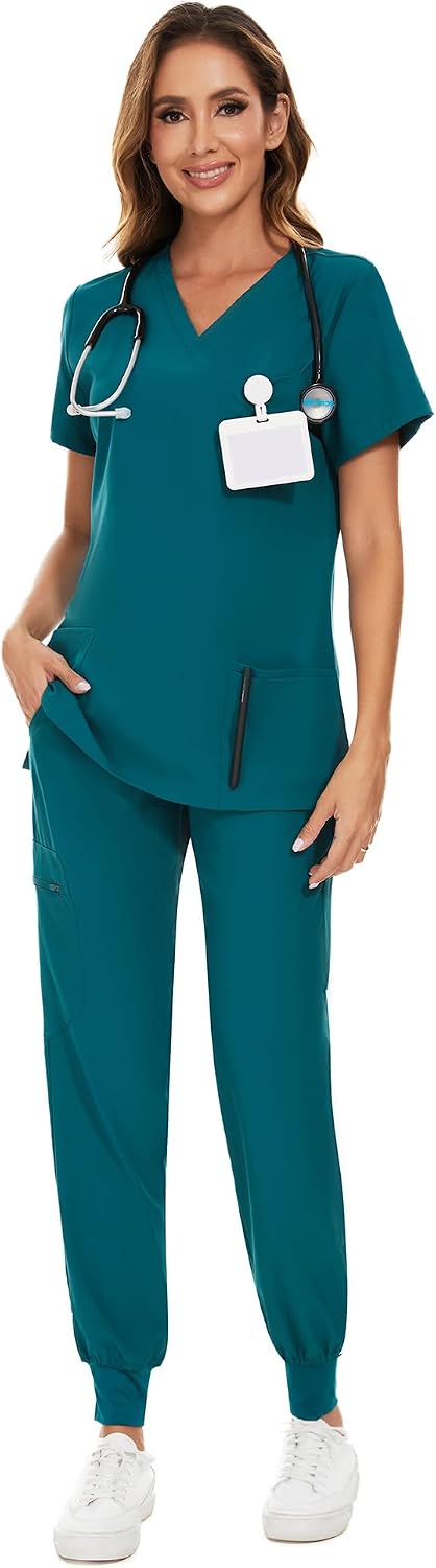 COZYFIT Scrubs for Women Set - Stretch V-Neck & Jogger Pant with 9 Pockets