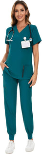 COZYFIT Scrubs for Women Set - Stretch V-Neck & Jogger Pant with 9 Pockets