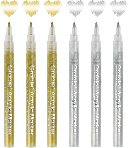 Grabie 6 White Acrylic Paint Markers, 0.7 mm Extra Fine Tip