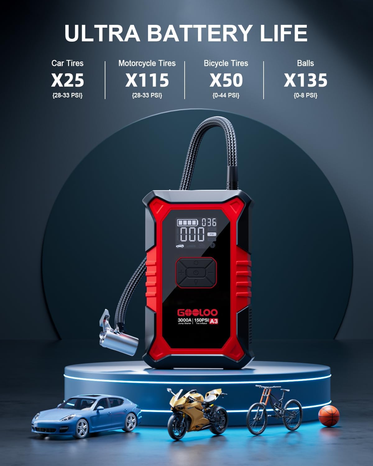 GOOLOO A3 12V 3000A Portable Jump Starter with Air Compressor