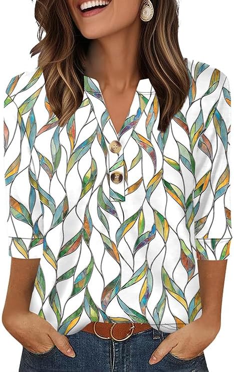 OFEEFAN Womens Tops 3/4 Sleeve Henley Shirts for Women Summer Outfits Fashion Clothing