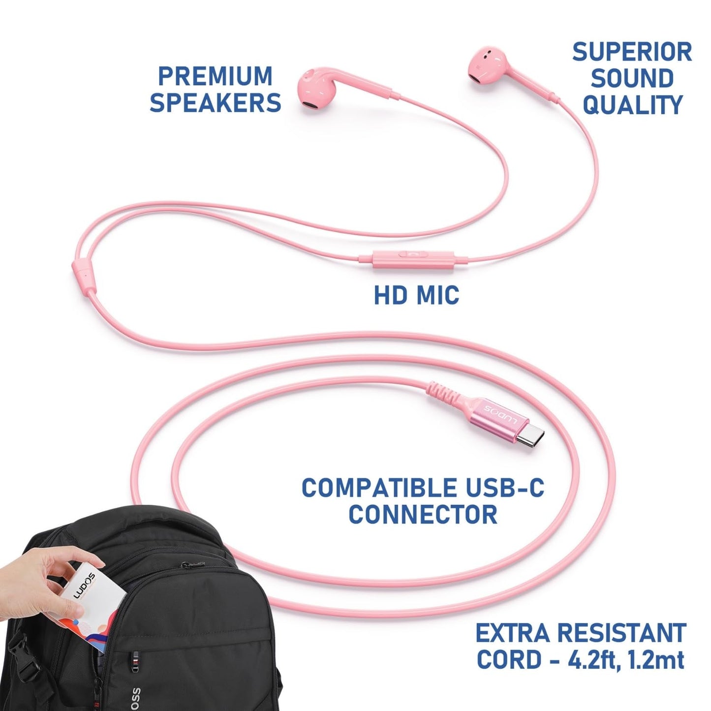 LUDOS Zenith USB C Headphones for iPhone 17 16 15 Pro Max Plus Air iPad Pro Air, 5 Years Warranty, USB-C Earbuds for Samsung Galaxy S24 S23 Ultra S22 S21 S20 A55 A54 A53, USB Type C Earphones - White