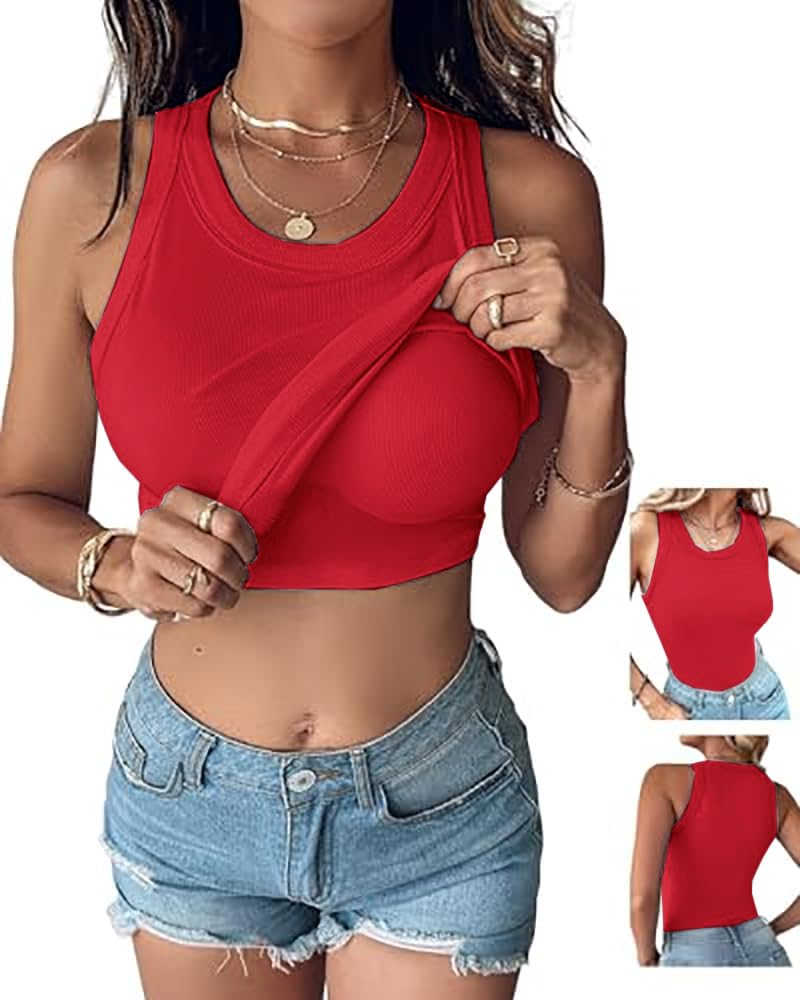 CHICME Women Built-in Bra Tank Tops Sleeveless Racerback Ribbed Fitted Tops