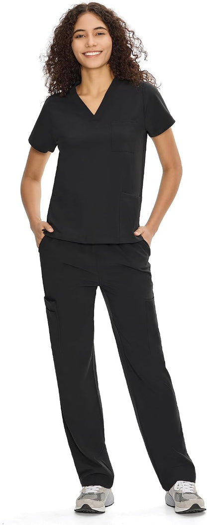 COZYFIT Scrubs for Women Set - V-Neck & Straight Leg Pants with 9 Pockets