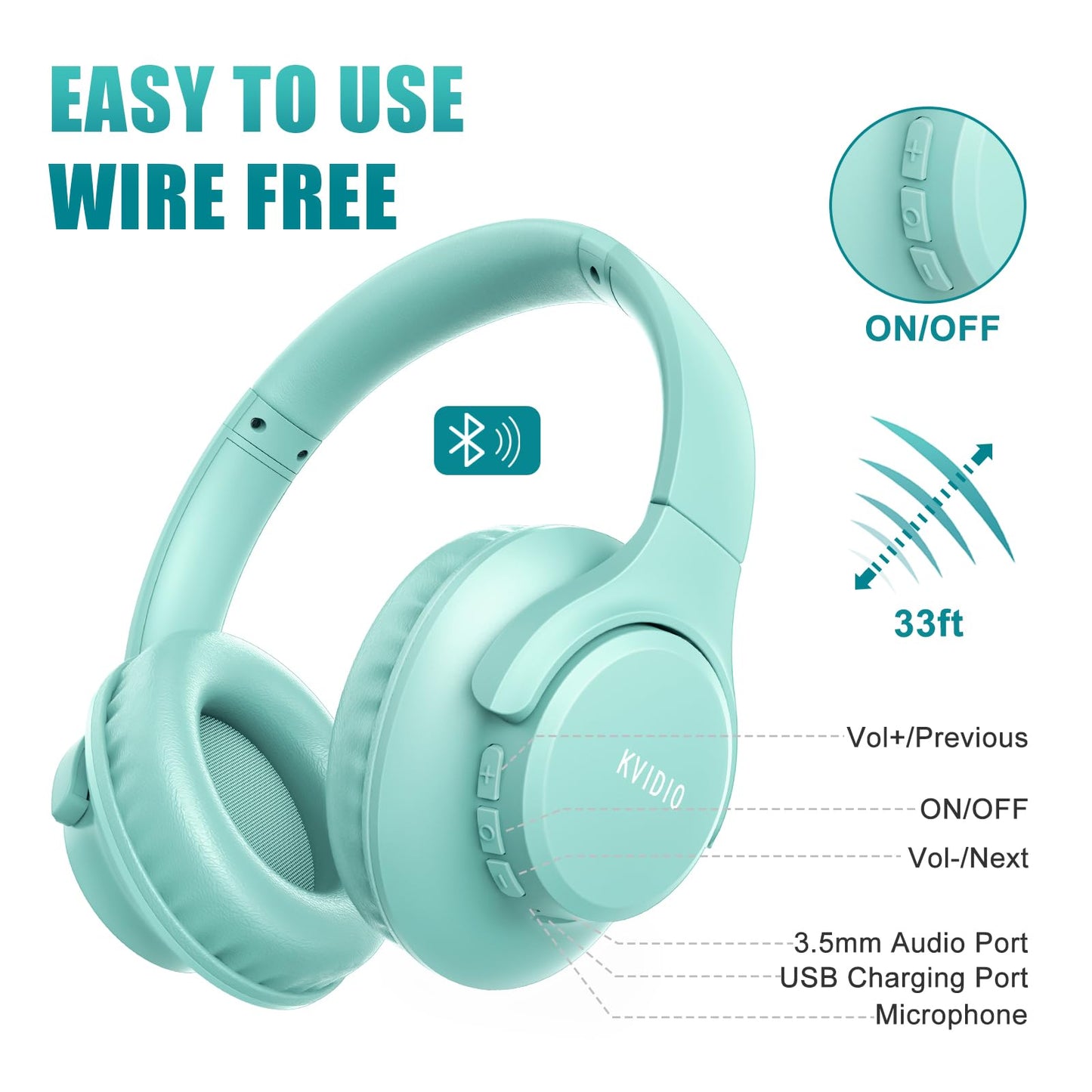 KVIDIO Bluetooth Headphones Wireless Over Ear Headsets 65H Playtime