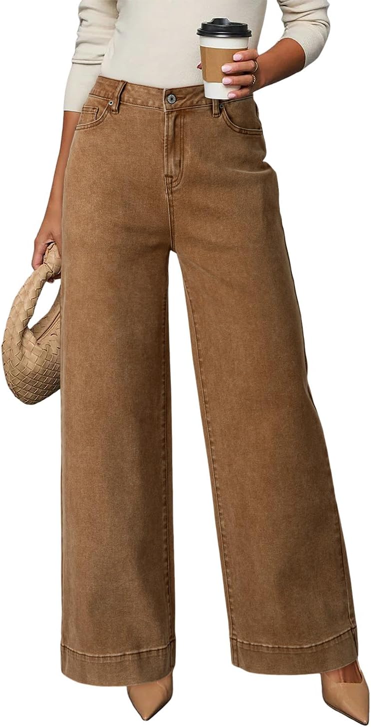 Dokotoo Women's Casual High Waisted Jeans Stretch Wide Leg Loose Denim Pant