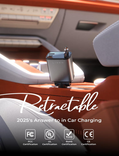 LISEN Retractable Car Charger, 84W Car Charger USB C Fast Charge, 4 in 1