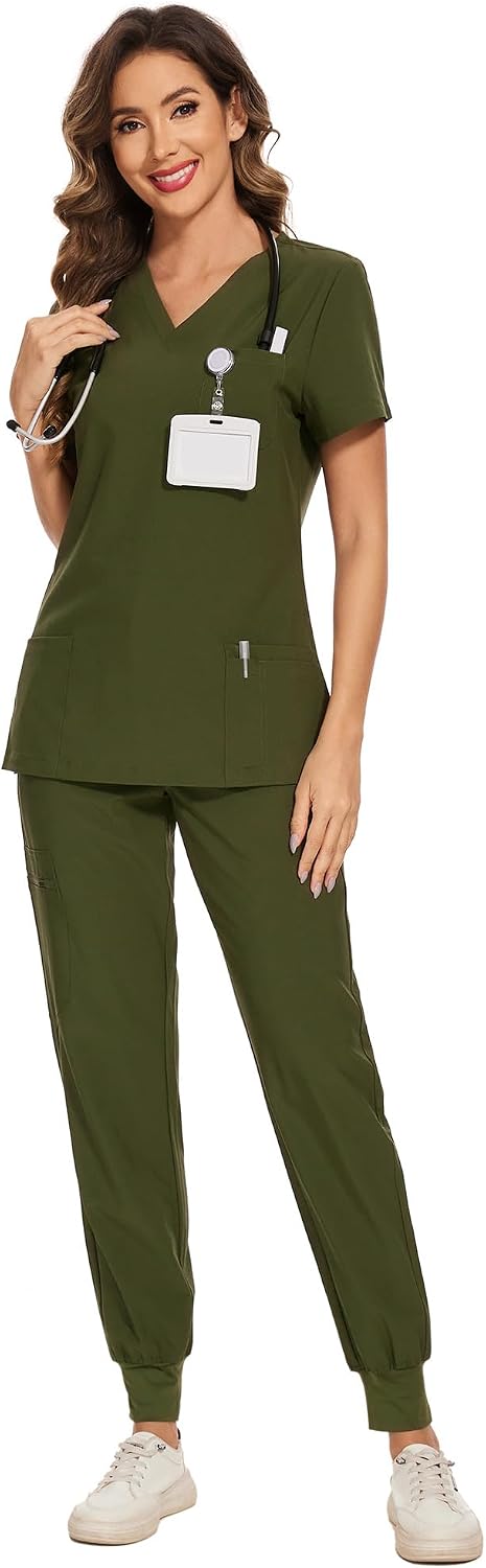 COZYFIT Scrubs for Women Set - Stretch V-Neck & Jogger Pant with 9 Pockets