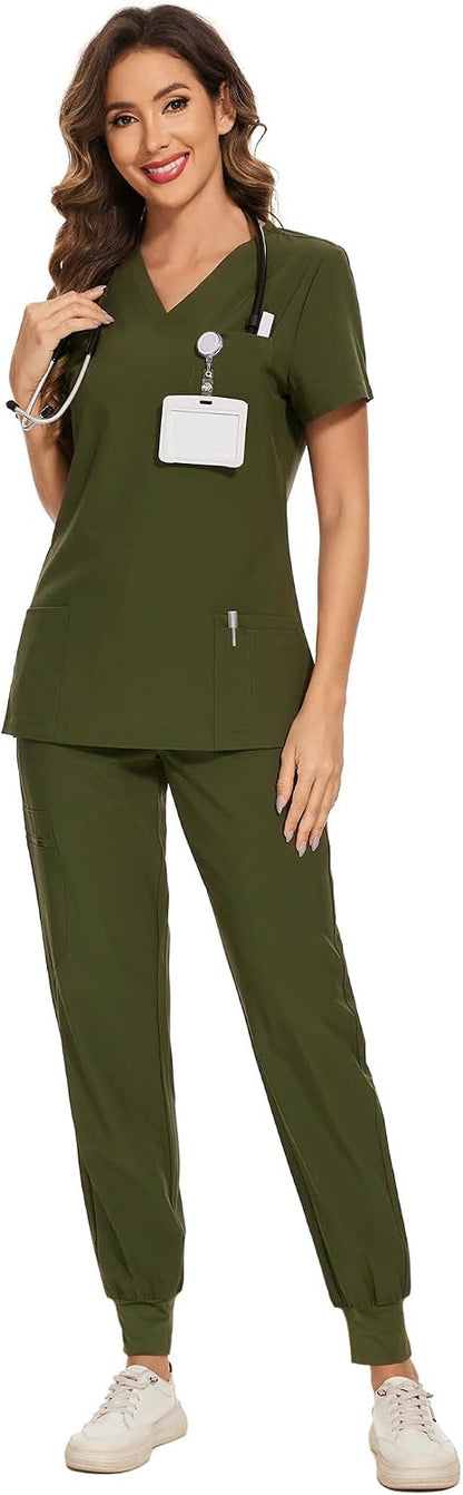 COZYFIT Scrubs for Women Set - Stretch V-Neck & Jogger Pant with 9 Pockets
