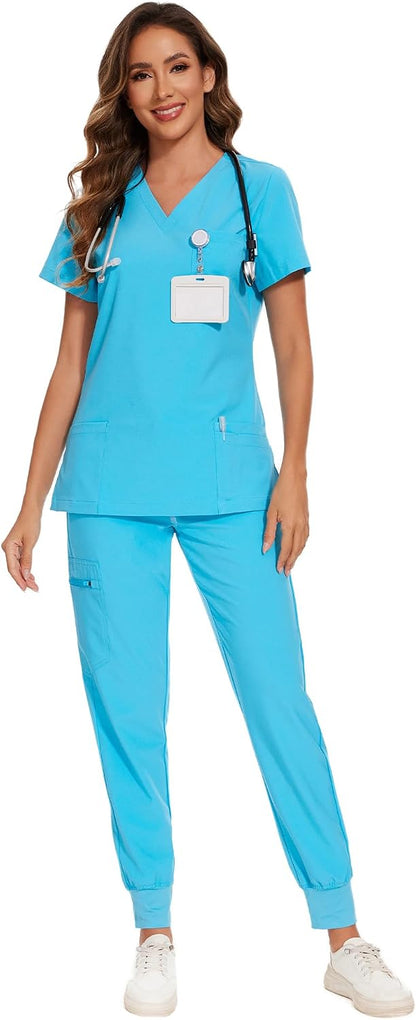 COZYFIT Scrubs for Women Set - Stretch V-Neck & Jogger Pant with 9 Pockets
