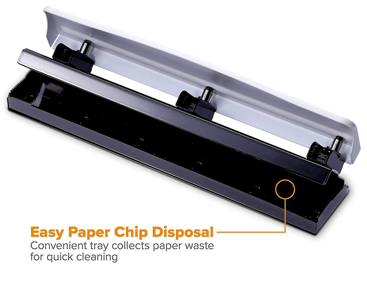 Bostitch Office Premium 3 Hole Punch, 12 Sheet Capacity, Metal, Rubber Base, Easy-Clean Tray, Silver