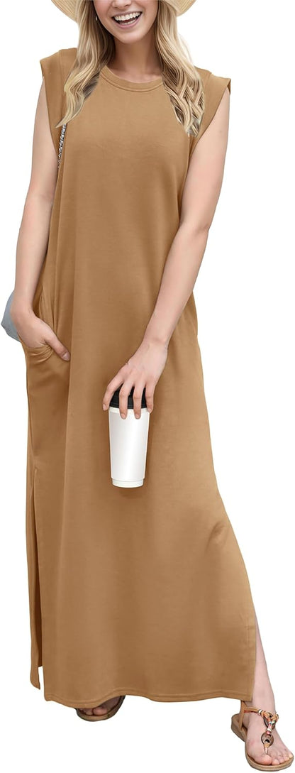 GRECERELLE 2026 Women Year-Round Casual Round Neck Loose Split Wrinkle-Free Long Maxi Vacation Dress with Pockets (XXS-4XL)