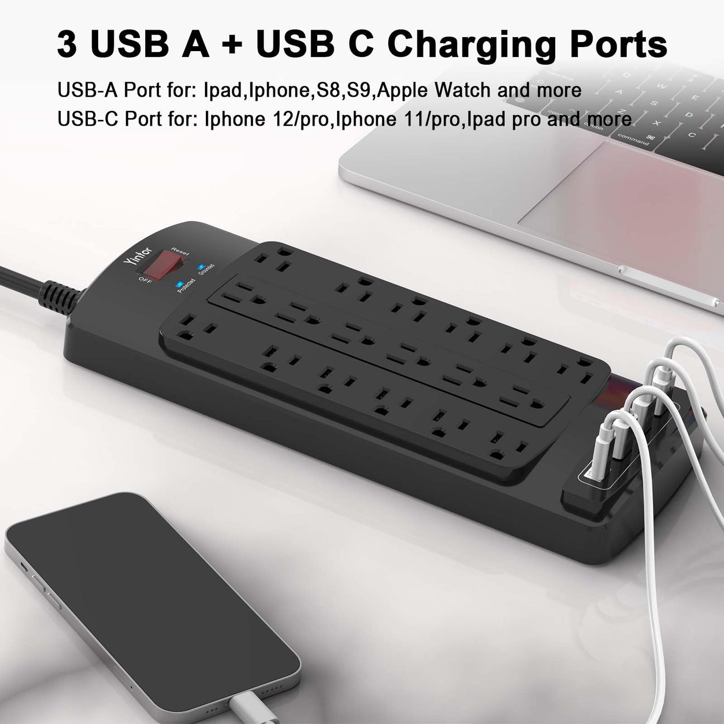 Yintar 6Ft Surge Protector Power Strip with 8 Outlets and 4 USB Ports