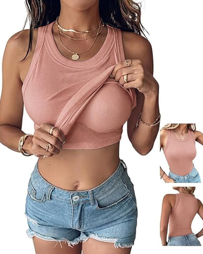 CHICME Women Built-in Bra Tank Tops Sleeveless Racerback Ribbed Fitted Tops