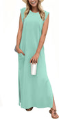 GRECERELLE 2026 Women Year-Round Casual Round Neck Loose Split Wrinkle-Free Long Maxi Vacation Dress with Pockets (XXS-4XL)