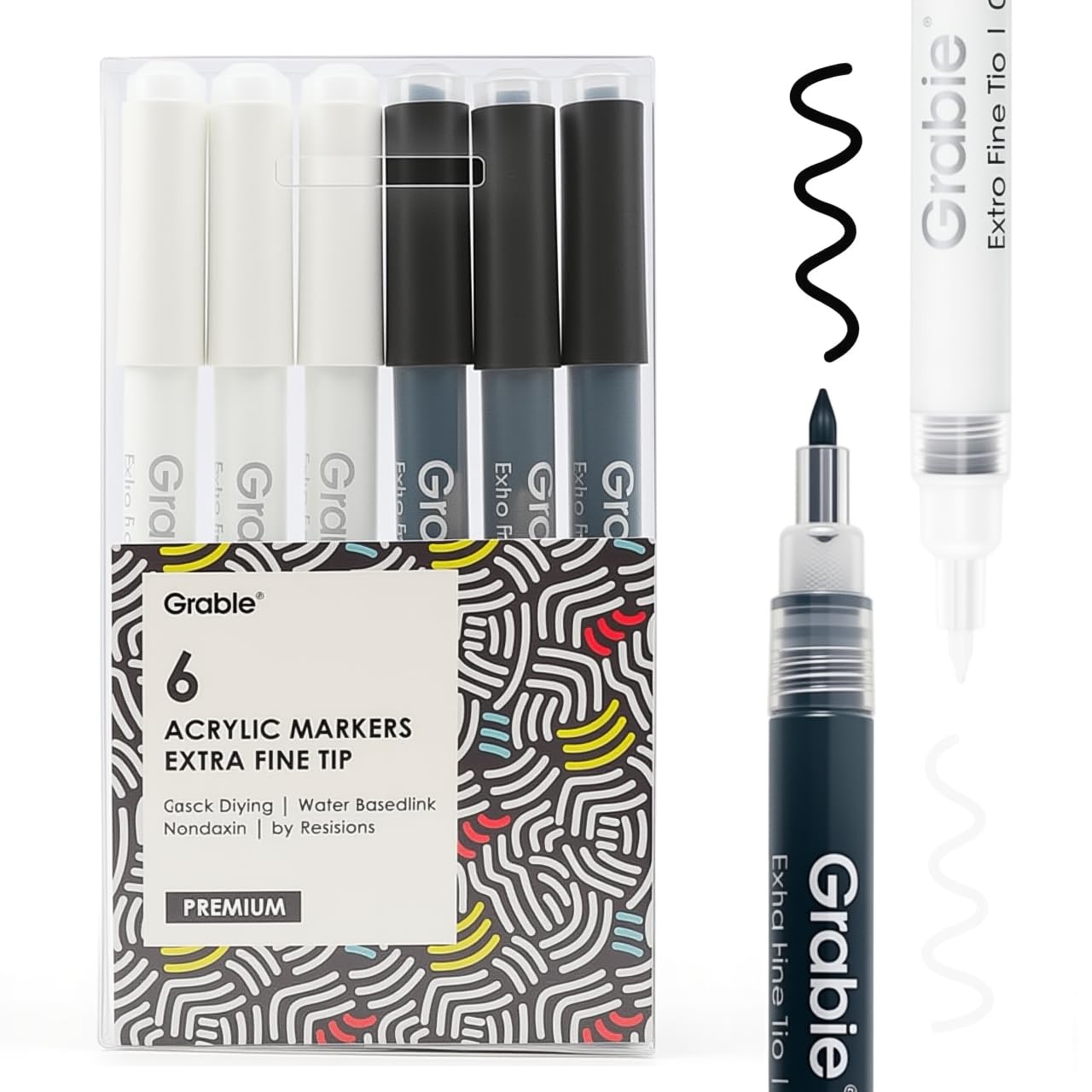 Grabie 6 White Acrylic Paint Markers, 0.7 mm Extra Fine Tip