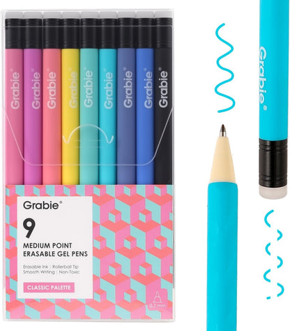 Grabie Erasable Gel Pens, 9 Medium Point 0.7 mm Pens, Classic