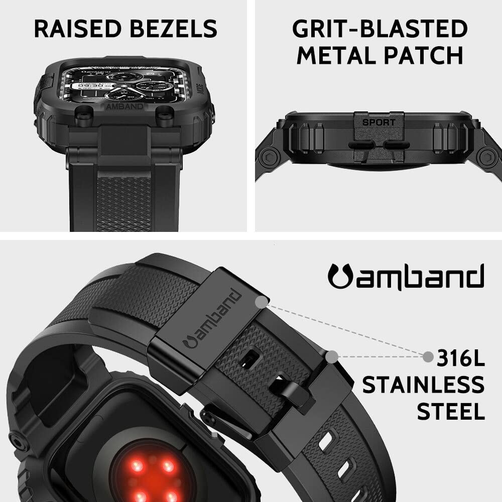 amBand Bands Compatible with Apple Watch 9/8/7/6/5/4 & SE 3/2/1 45mm/44mm Case for Men, M1 Sport Series Rugged Case Protective Cover for iWatch SE3/SE2/6/SE/5/4 44/45 mm Men Black