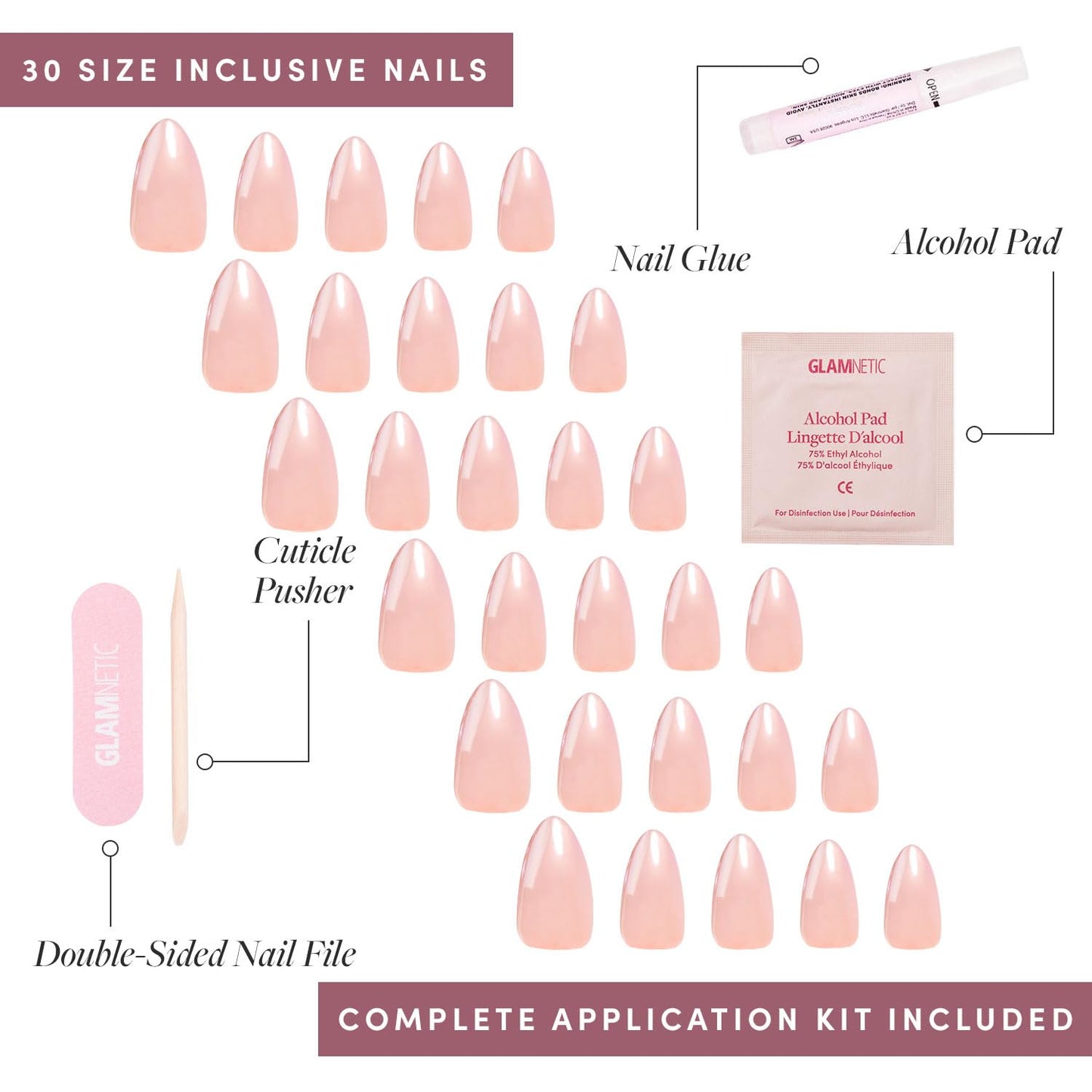 Glamnetic Press On Nails - Short Almond, Glossy Fake Nails 24 Pc Full Kit