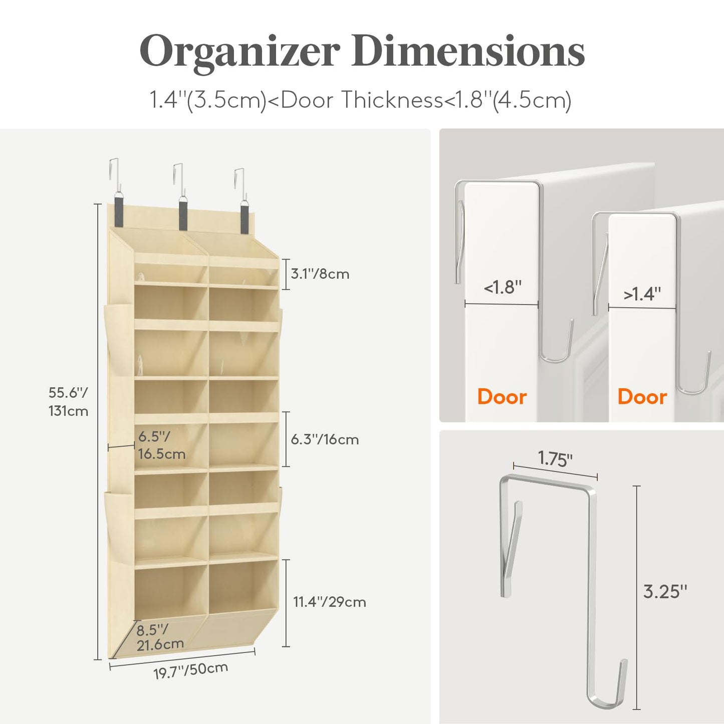 Lifewit 1 Pack Over the Door Organizer, 5 Section Hanging Storage, Beige