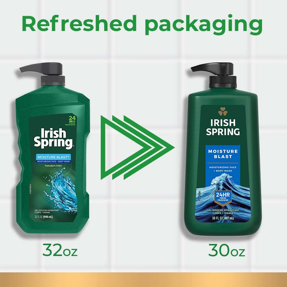 Irish Spring Mens Body Wash, Moisture Blast Body Wash for Men, Feel Fresh All Day, 30 Oz Pump Bottle