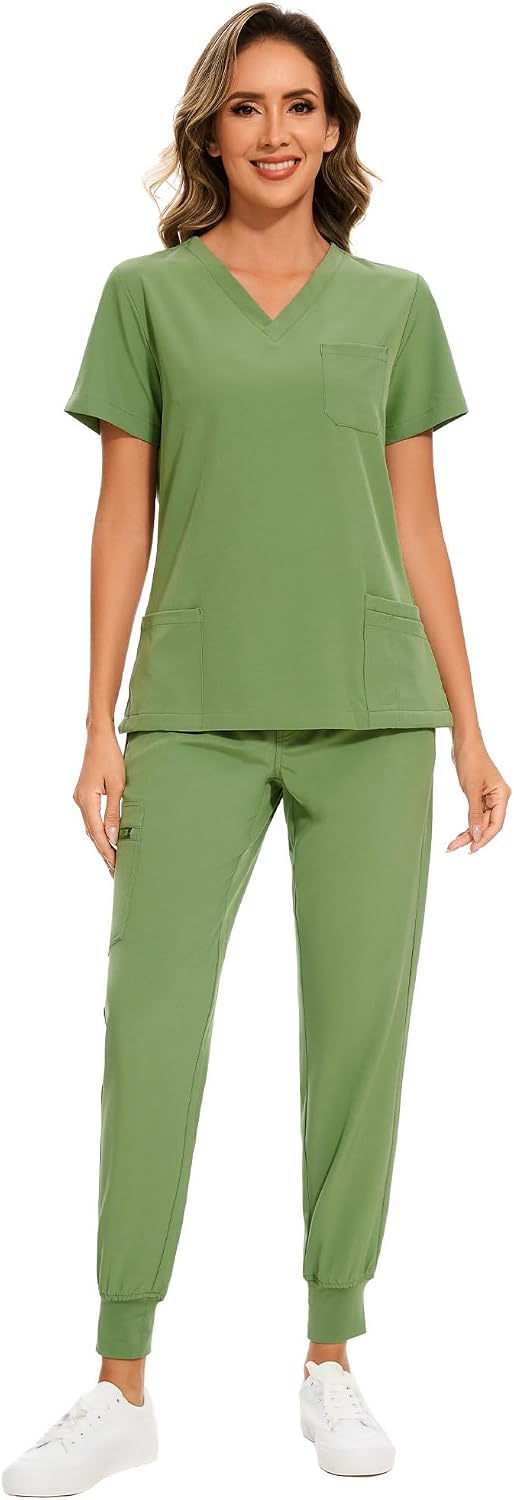 COZYFIT Scrubs for Women Set - Stretch V-Neck & Jogger Pant with 9 Pockets