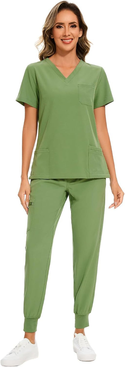 COZYFIT Scrubs for Women Set - Stretch V-Neck & Jogger Pant with 9 Pockets